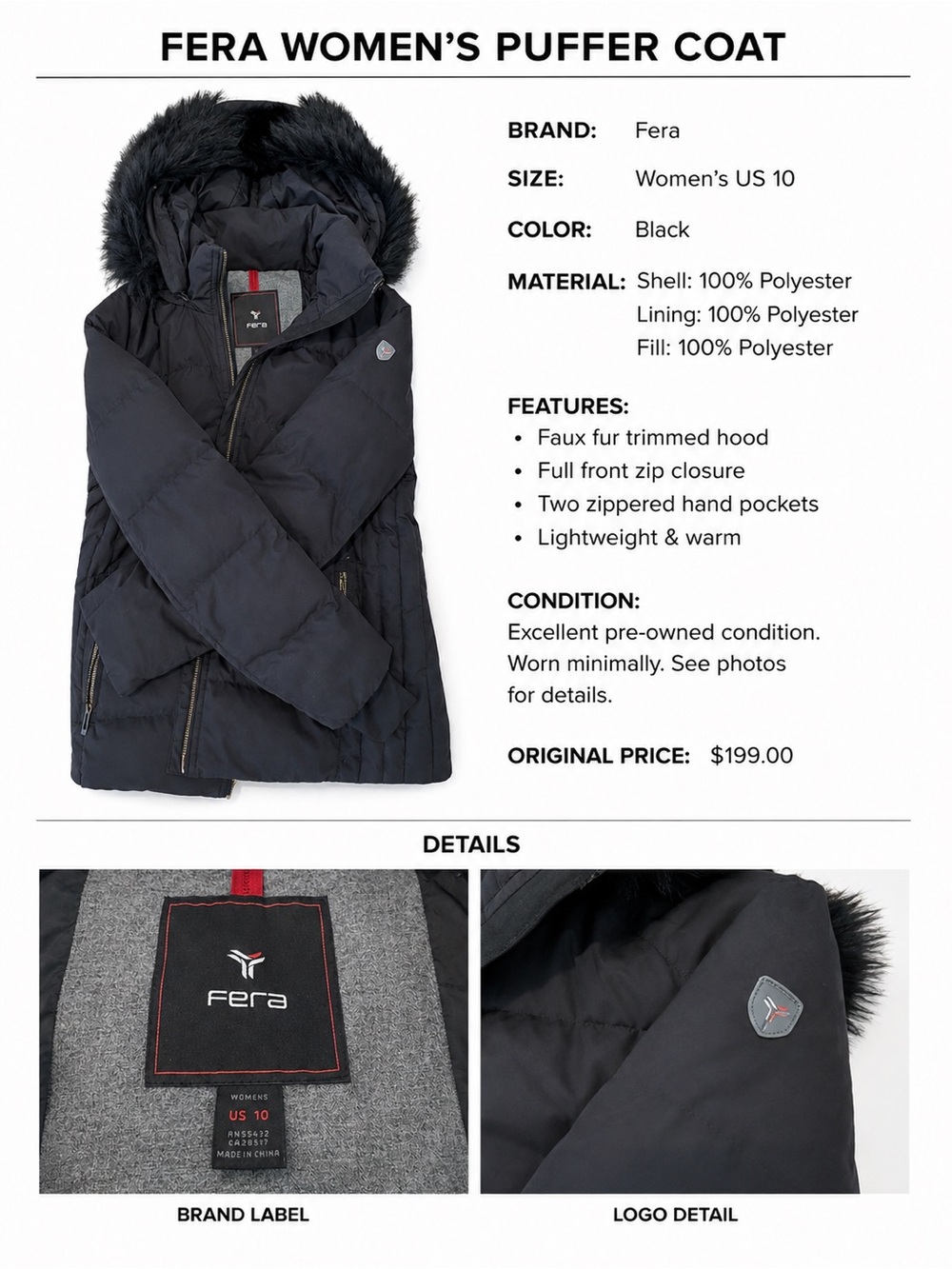 Fera Women's Black Puffer Ski Jacket with Faux Fur Hood